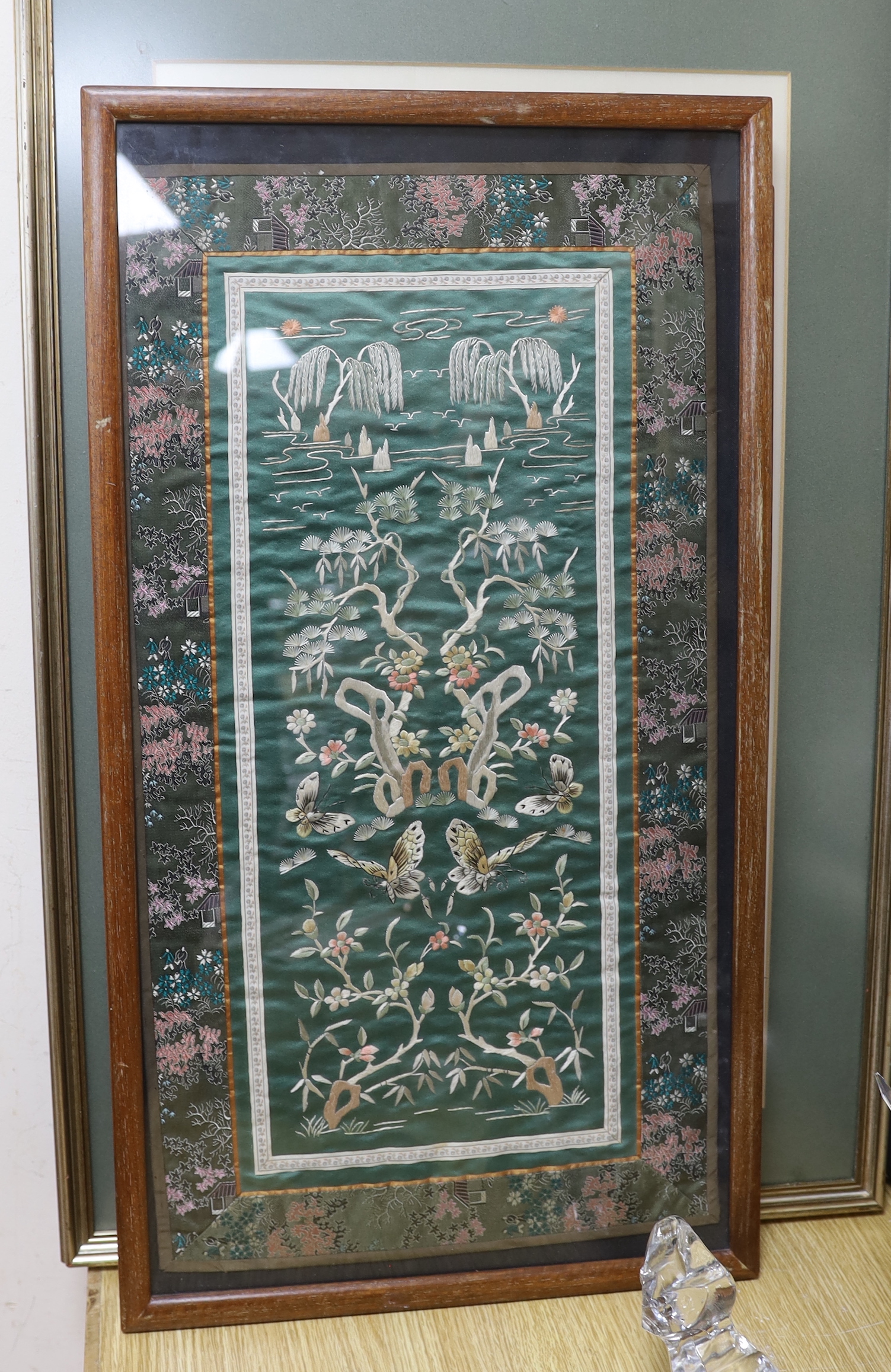 Four Chinese silk embroidered pictures including birds of paradise and a calligraphy scroll (each framed), largest 62cm x 36
